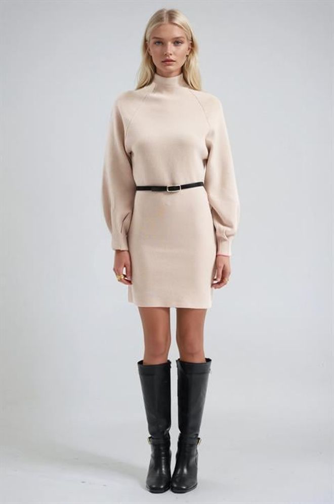 Sobe Istanbul Beiges Mini Pullover Kleid Mit Ballonärmeln Großhandelskleidung Modest