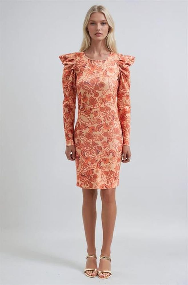 Sobe Istanbul Elegantes Oranges Etuikleid Mit Langen Puffärmeln Großhandelskleidung Jahrgang