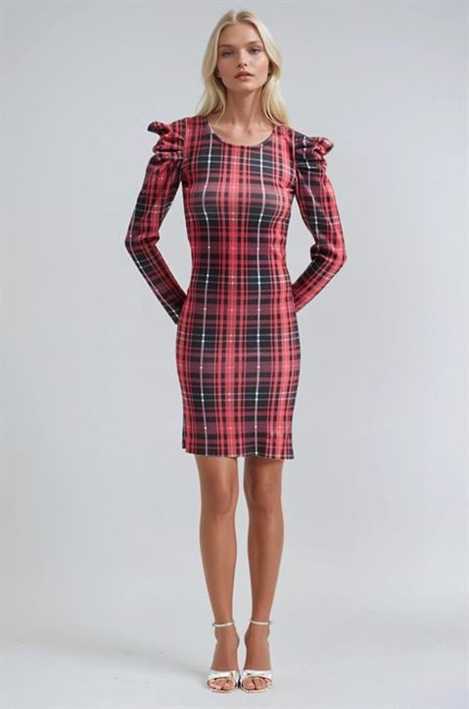 Sobe Istanbul Vestido Bodycon De Cuadros Rojos Con Mangas Largas Abullonadas Ropa al por mayor Casual