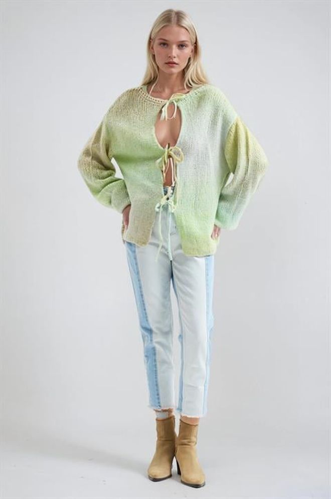 Sobe Istanbul Green Oversized Tie Cardigan With Ombre Pattern Wholesale Clothing Boho