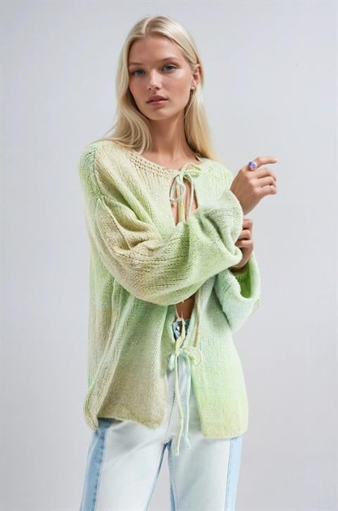 Sobe Istanbul Green Oversized Tie Cardigan With Ombre Pattern Wholesale Clothing Spring