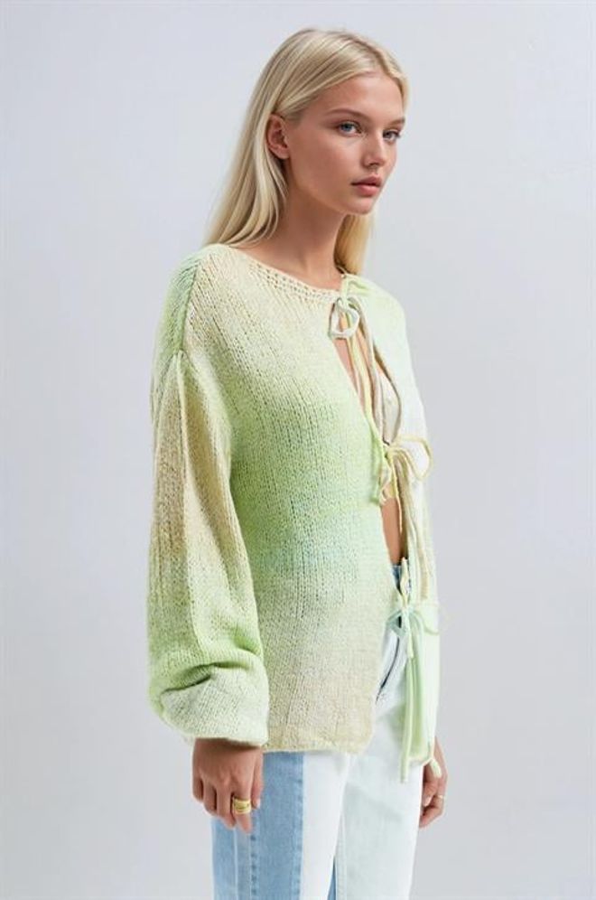 Sobe Istanbul Green Oversized Tie Cardigan With Ombre Pattern Wholesale Clothing 1