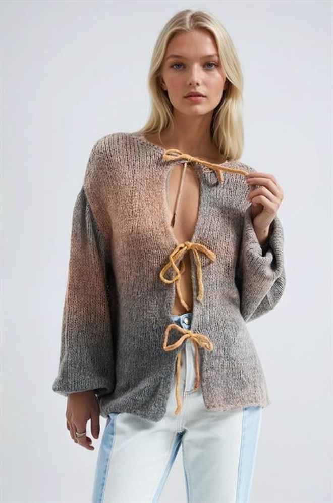 Sobe Istanbul Beige Cardigan With Tie Closure And Ombre Style Wholesale Clothing Boho