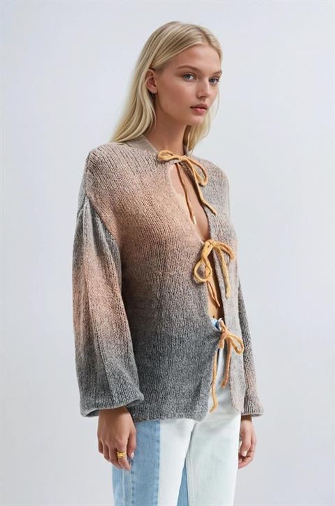 Sobe Istanbul Beige Cardigan With Tie Closure And Ombre Style Wholesale Clothing Lounge