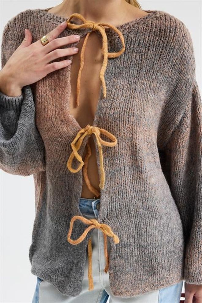 Sobe Istanbul Beige Cardigan With Tie Closure And Ombre Style Wholesale Clothing Work