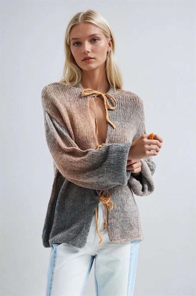 Sobe Istanbul Beige Cardigan With Tie Closure And Ombre Style Wholesale Clothing Spring