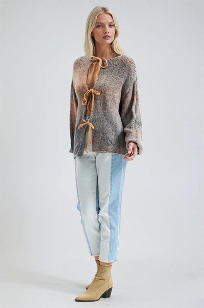 Sobe Istanbul Beige Cardigan With Tie Closure And Ombre Style Wholesale Clothing 5