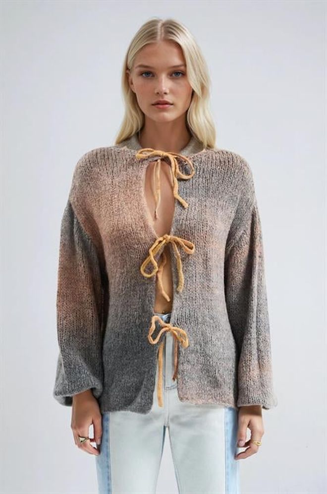 Sobe Istanbul Beige Cardigan With Tie Closure And Ombre Style Wholesale Clothing 1