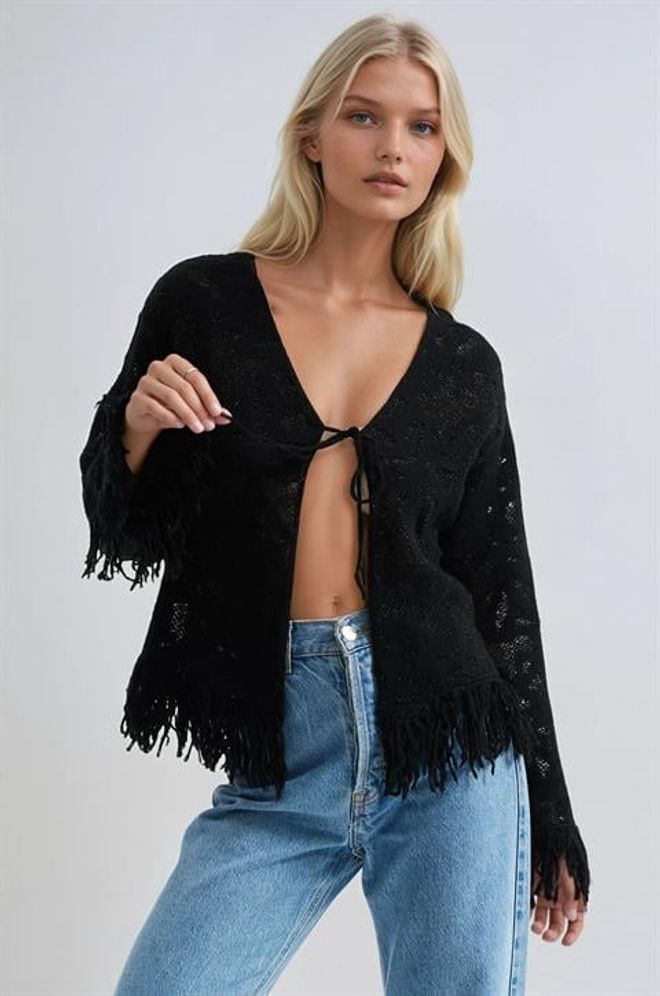 Sobe Istanbul Black Casual Tie Cardigan Wholesale Clothing Spring