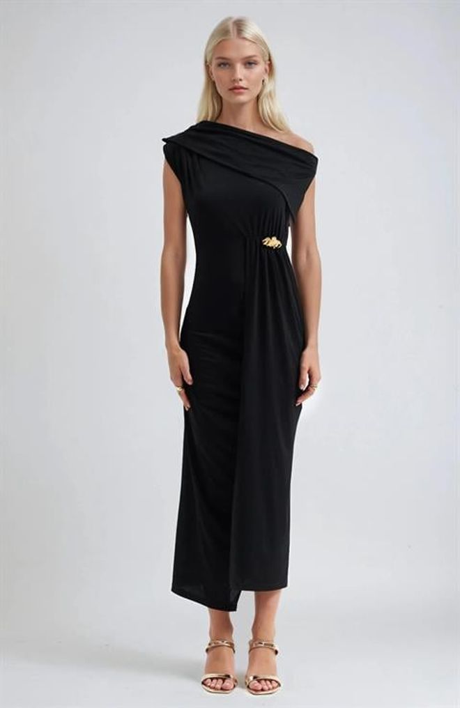 Sobe Istanbul فستان أنيق غمد أسود مع رقبة بدون أكتاف ملابس بالجملة جنسي