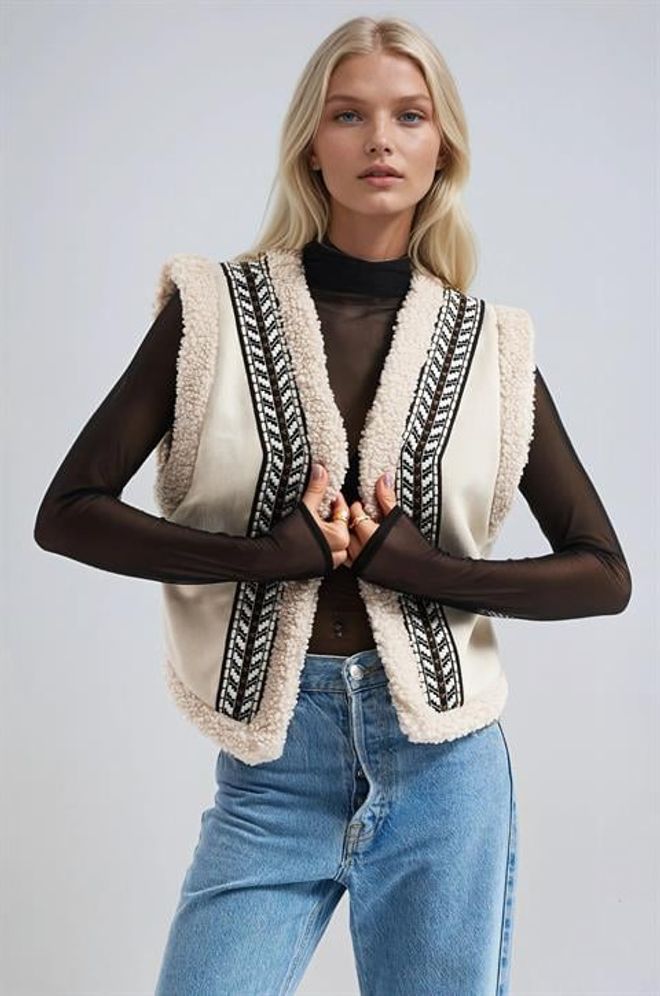 Sobe Istanbul Бежова Бохо Жилетка Без Ръкави С V образно Деколте Дрехи на едро Небрежен