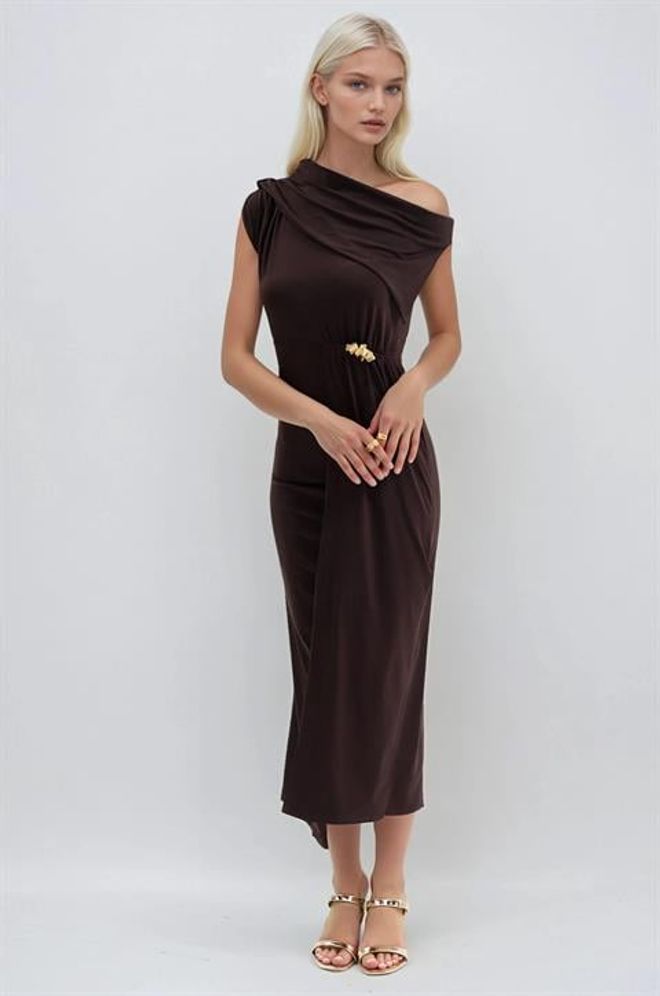 Sobe Istanbul Елегантна Кафява Вталена Рокля С Асиметрично Деколте Дрехи на едро 5