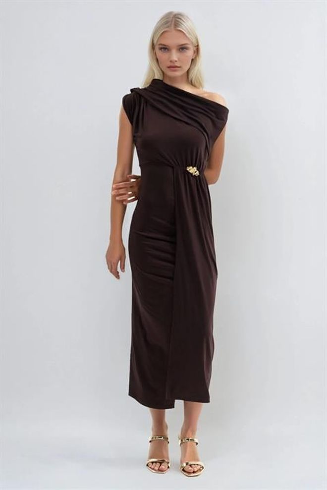 Sobe Istanbul Елегантна Кафява Вталена Рокля С Асиметрично Деколте Дрехи на едро 1