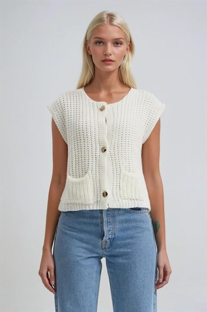 Sobe Istanbul Cardigan Bianco Senza Maniche Abbottonato Con Tasca Applicata Abbigliamento all'ingrosso Casuale