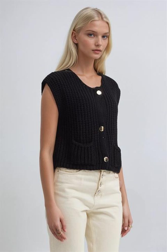 Sobe Istanbul Rebeca Negra Sin Mangas Abotonada Con Bolsillos De Parche Ropa al por mayor Casual