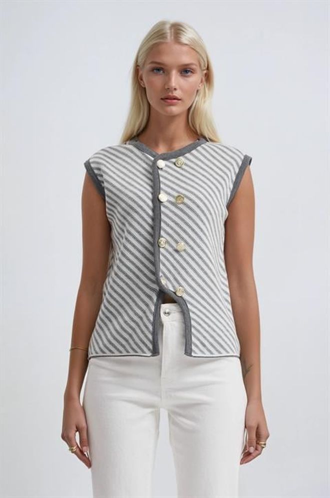 Sobe Istanbul Colete Cinzento Às Riscas Com Botões Casual Elegante Roupas por atacado Casual