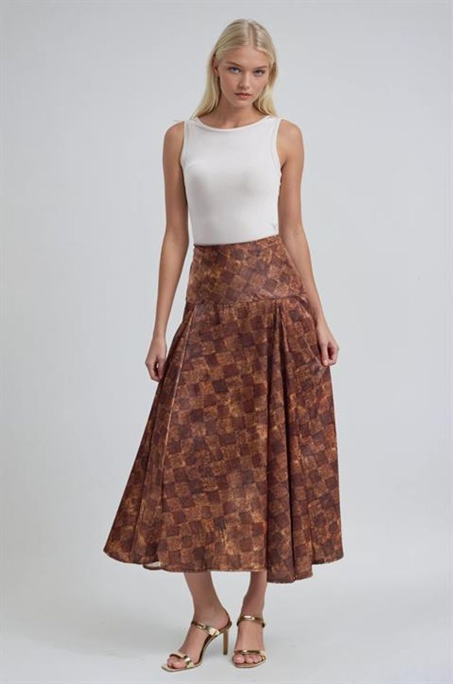 Sobe Istanbul Gonna Marrone A Scacchi Svasata Midi Vita Alta Cerniera Abbigliamento all'ingrosso Casuale