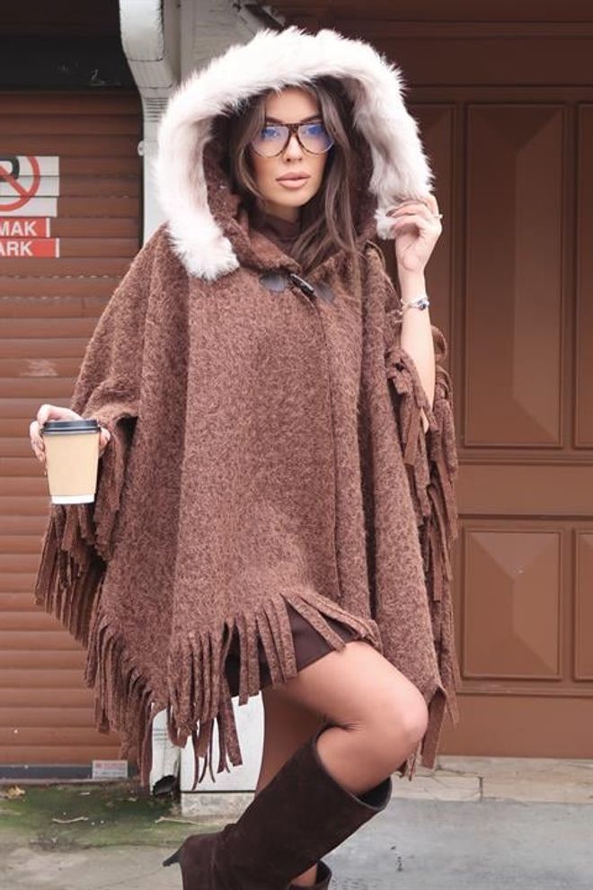 Sobe Istanbul Кафяв Небрежен Бохо Елегантен Пончо Дрехи на едро Бохо