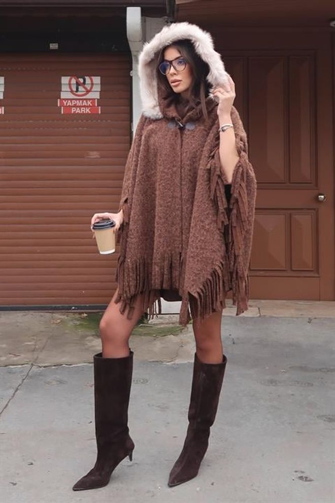 Sobe Istanbul Кафяв Небрежен Бохо Елегантен Пончо Дрехи на едро Есен