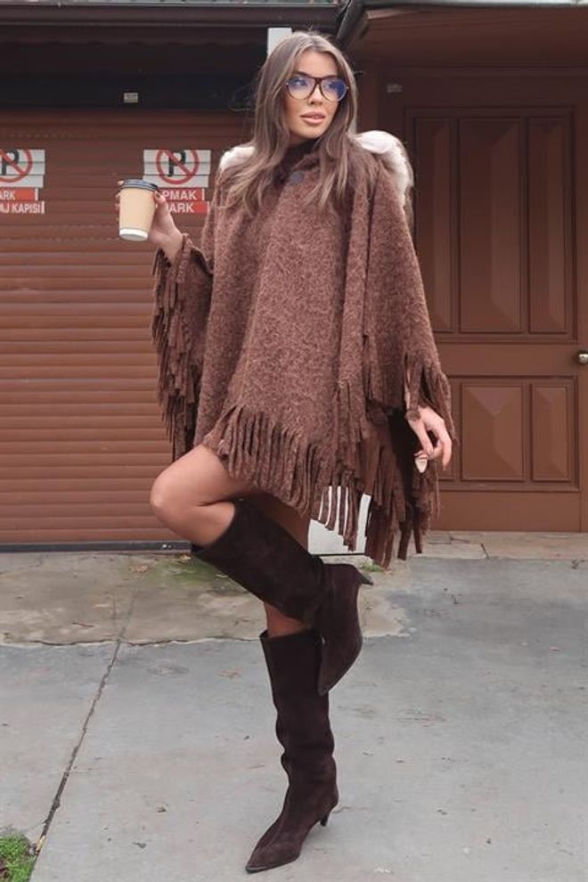 Sobe Istanbul Кафяв Небрежен Бохо Елегантен Пончо Дрехи на едро 1