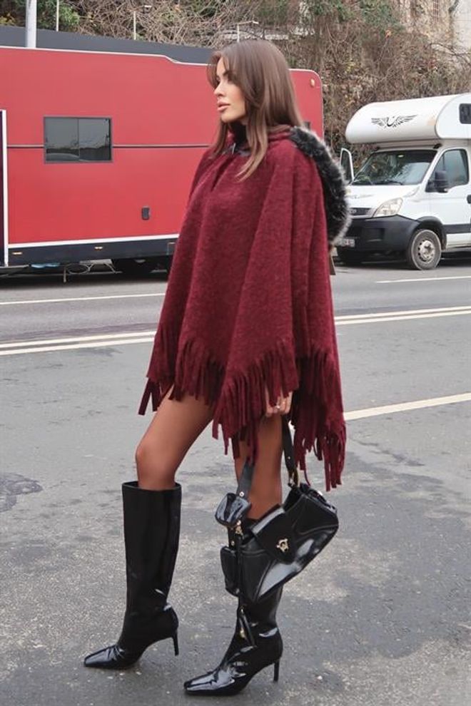 Sobe Istanbul Бордо Пончо Небрежен Елегантен Бохо Стил Дрехи на едро Свободно време