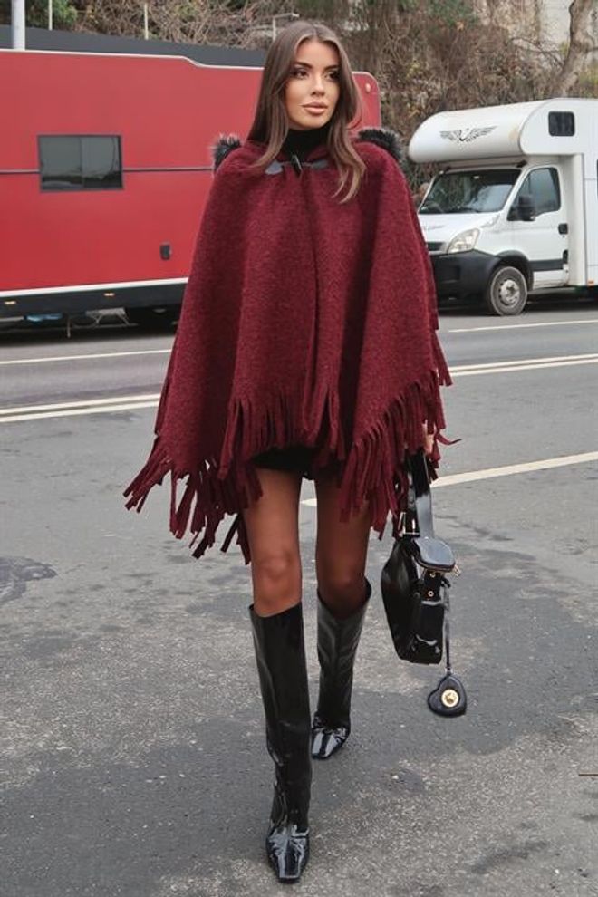 Sobe Istanbul Бордо Пончо Небрежен Елегантен Бохо Стил Дрехи на едро Есен