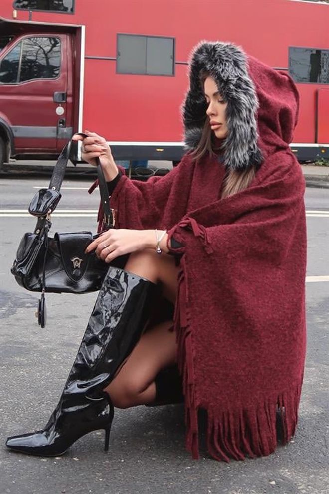 Sobe Istanbul Бордо Пончо Небрежен Елегантен Бохо Стил Дрехи на едро 5