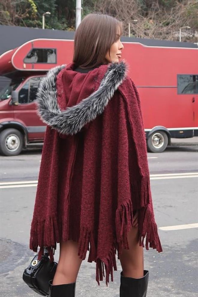 Sobe Istanbul Бордо Пончо Небрежен Елегантен Бохо Стил Дрехи на едро Бохо