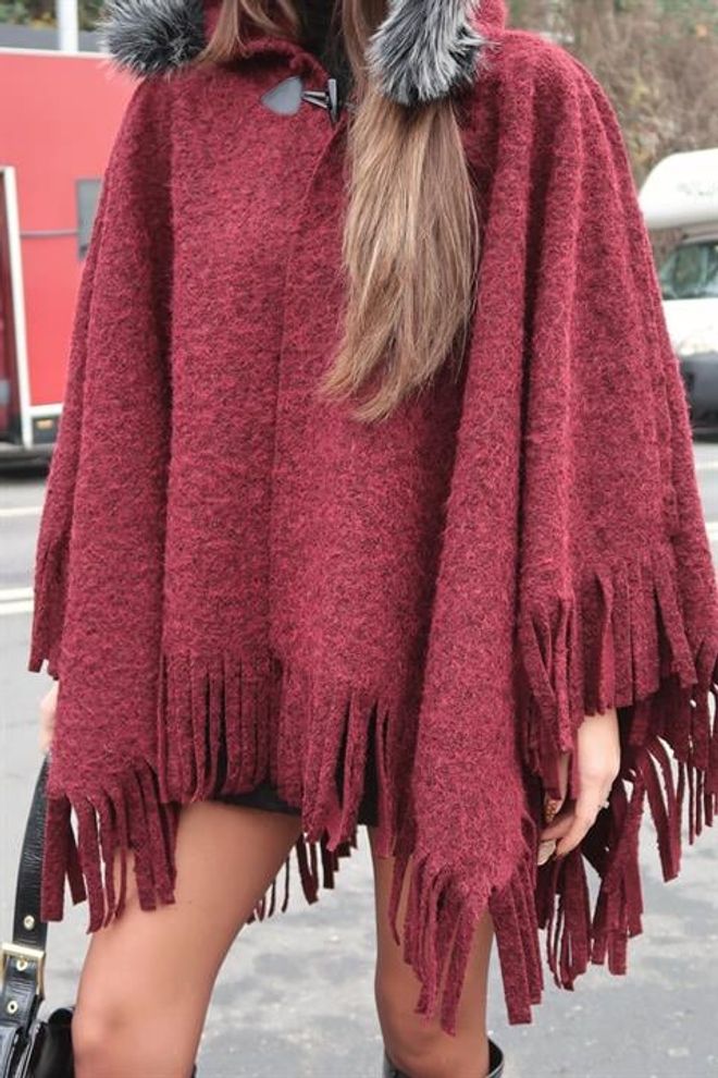 Sobe Istanbul Бордо Пончо Небрежен Елегантен Бохо Стил Дрехи на едро Работа