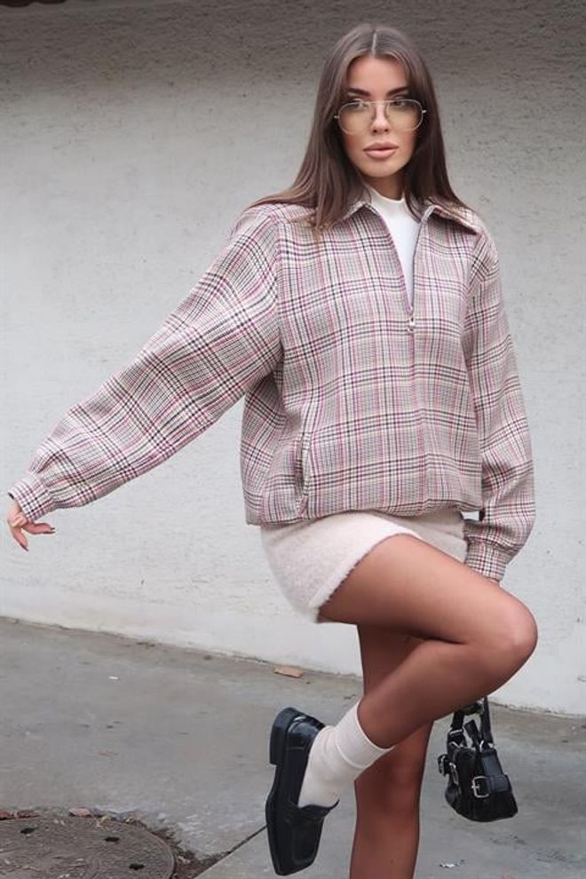 Sobe Istanbul Béžová Bunda S Kockovaným Vzorom Veľkoobchod s oblečením Neformálny