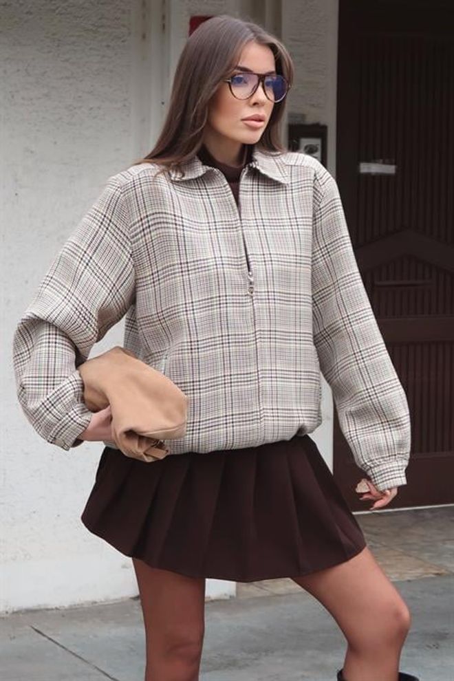 Sobe Istanbul Béžová Bunda Košeľová Bunda Kockovaná Veľkoobchod s oblečením Neformálny