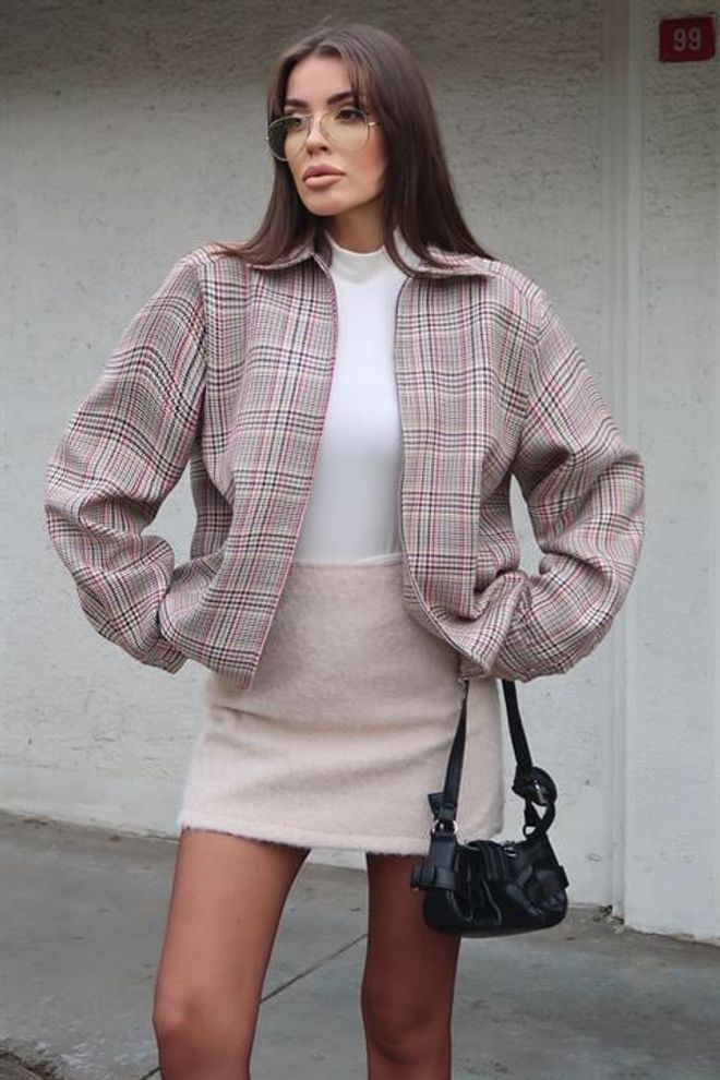 Sobe Istanbul Béžový Kabát Shacket S Kockovaným Vzorom Veľkoobchod s oblečením Jar