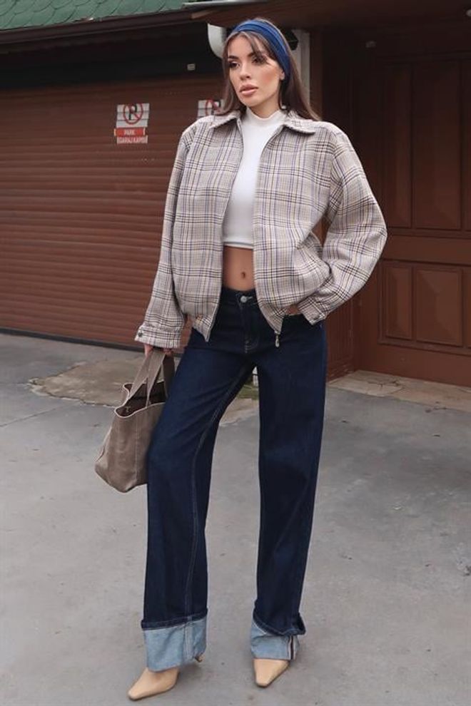 Sobe Istanbul Béžová Károvaná Bunda Overshirt So Zipsom Veľkoobchod s oblečením Doma