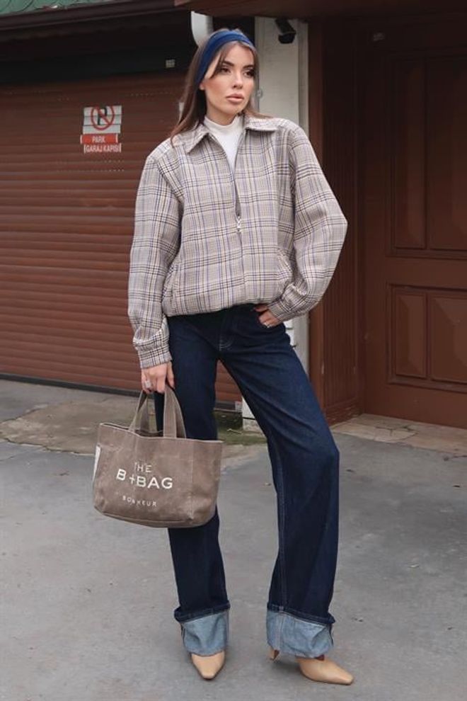 Sobe Istanbul Béžová Károvaná Bunda Overshirt So Zipsom Veľkoobchod s oblečením Jar