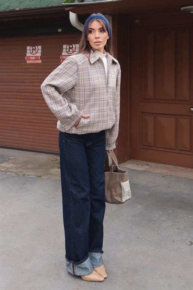 Sobe Istanbul Béžová Károvaná Bunda Overshirt So Zipsom Veľkoobchod s oblečením 1