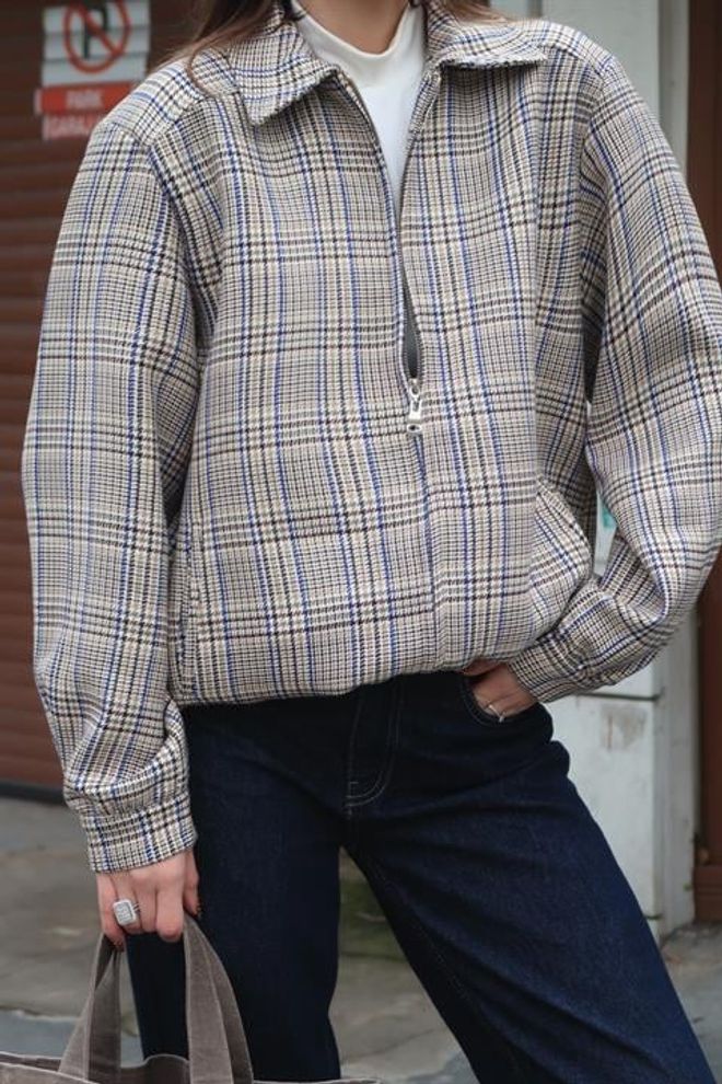 Sobe Istanbul Béžová Károvaná Bunda Overshirt So Zipsom Veľkoobchod s oblečením Práca
