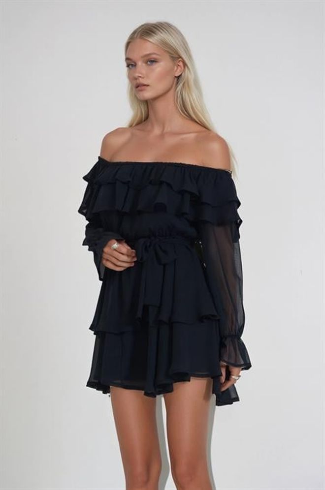 Sobe Istanbul Czarna Mini Sukienka Babydoll Z Falbanianymi Rękawami Hurtowa sprzedaż odzieży Casual