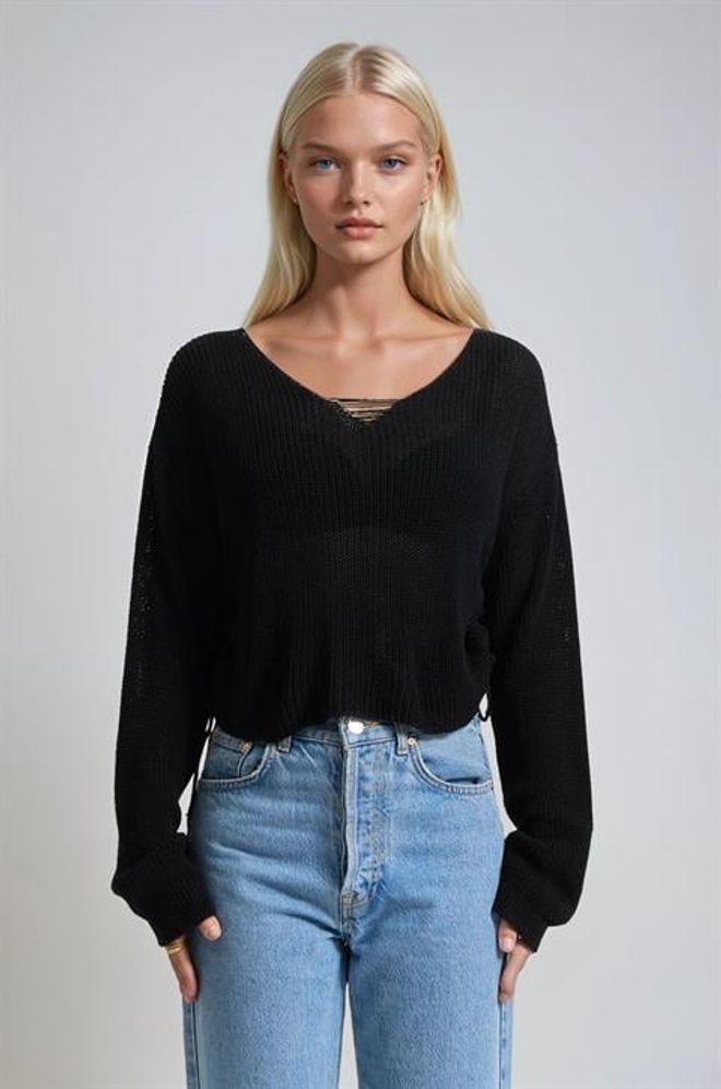 Sobe Istanbul Camisola Preta Casual Com Decote Em V E Ajuste Regular Roupas por atacado Casual