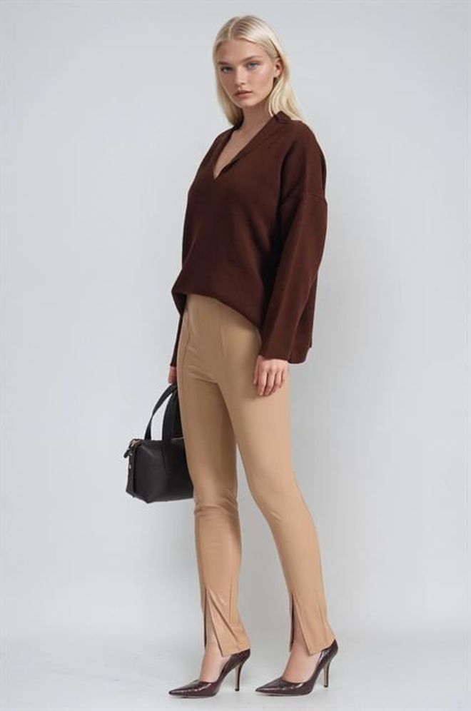 Sobe Istanbul بنطال بеж تريجينج بخصر عالي وساق مستقيمة ملابس بالجملة غير رسمي