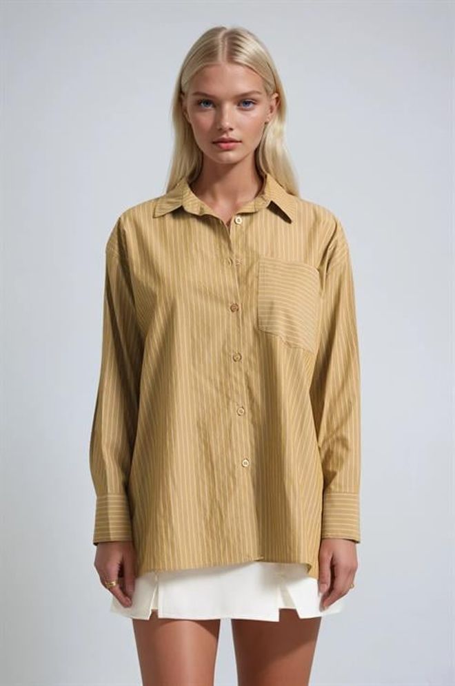 Sobe Istanbul Chemise Kaki Rayée À Manches Longues Et Col Polo Vêtements en gros Décontracté