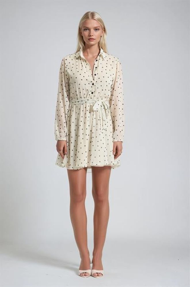 Sobe Istanbul Beżowa Sukienka Koszulowa W Kropki Z Długim Rękawem Hurtowa sprzedaż odzieży Casual