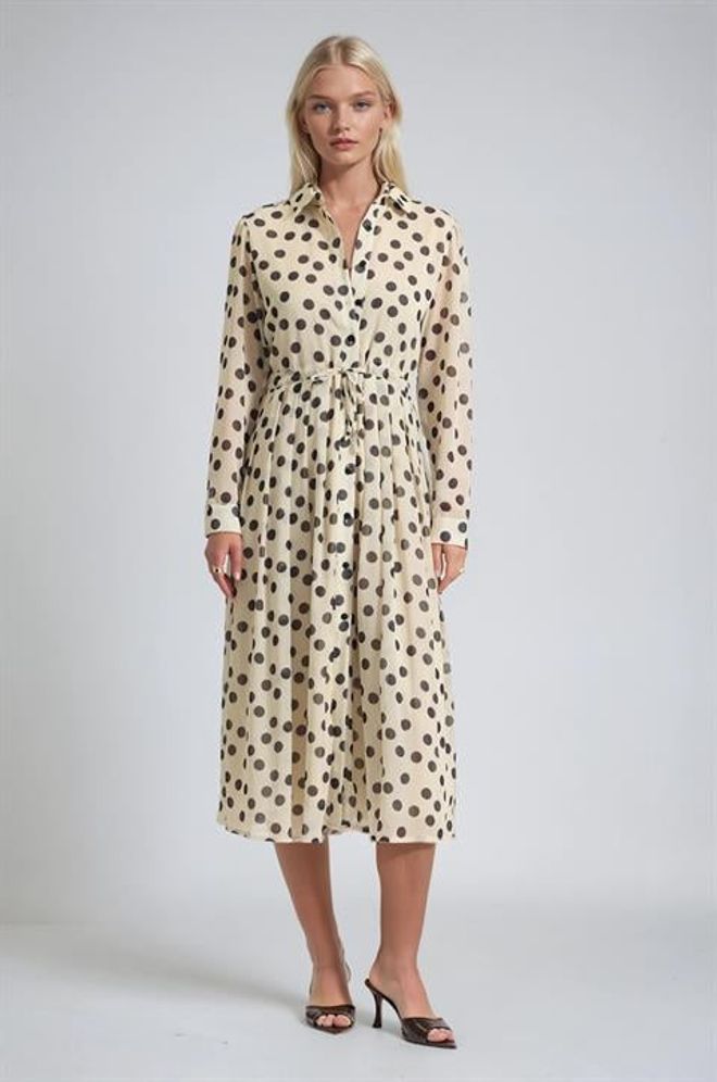 Sobe Istanbul Бежова Рокля Тип Риза На Точки С Нарязан Врат Дрехи на едро Небрежен