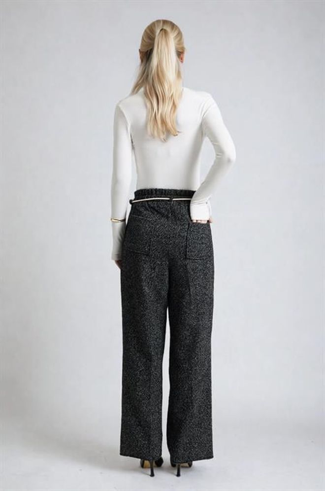 Sobe Istanbul Black Herringbone Palazzo Pants With Drawstring Closure Wholesale Clothing Elegant