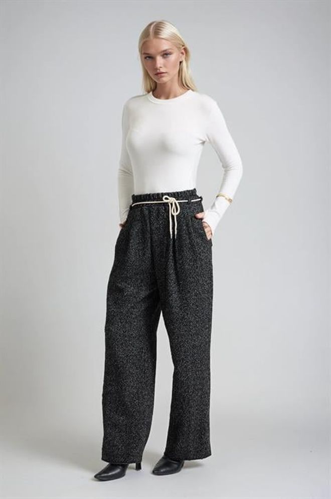 Sobe Istanbul Black Herringbone Palazzo Pants With Drawstring Closure Wholesale Clothing Fall