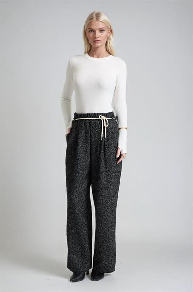 Sobe Istanbul بنطال بلازو أسود بنمط متعرج مع رباط للخصر ملابس بالجملة غير رسمي