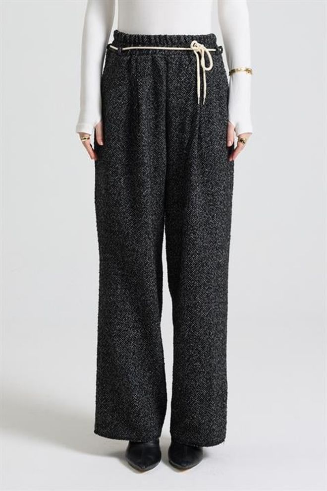 Sobe Istanbul Black Herringbone Palazzo Pants With Drawstring Closure Wholesale Clothing 5