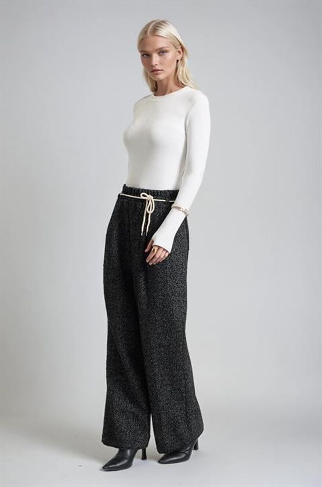 Sobe Istanbul Black Herringbone Palazzo Pants With Drawstring Closure Wholesale Clothing Lounge