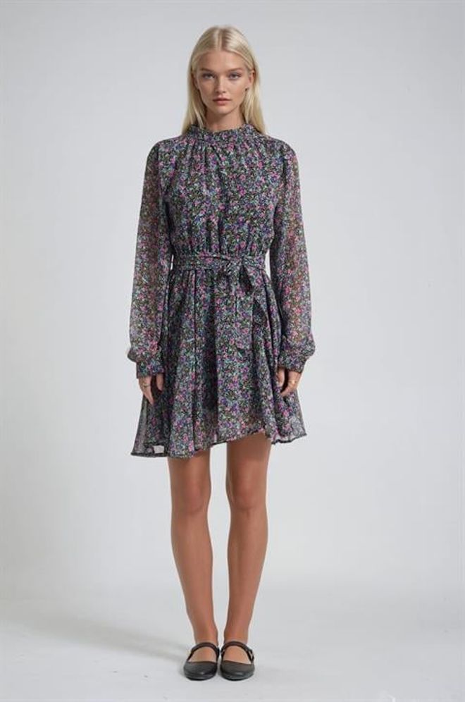 Sobe Istanbul Черное Мини платье Shift С Цветочным Принтом И Длинными Рукавами Оптовая продажа одежды Скромный