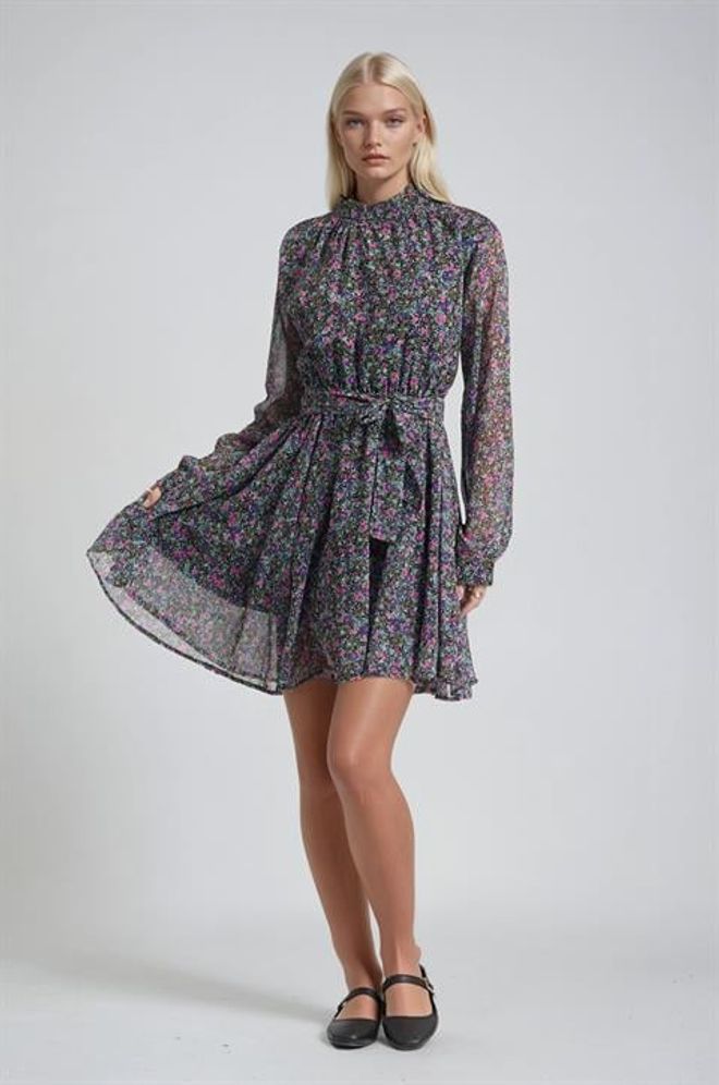 Sobe Istanbul Zwarte Mini Shift Jurk Met Bloemenprint En Lange Mouwen Groothandel Kleding Lente