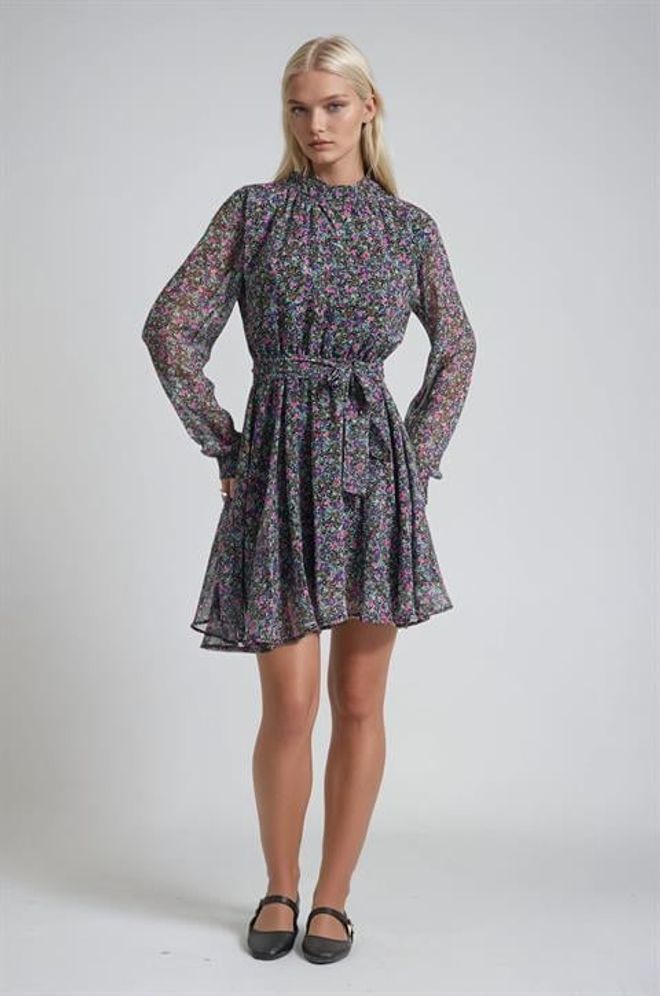 Sobe Istanbul Zwarte Mini Shift Jurk Met Bloemenprint En Lange Mouwen Groothandel Kleding Werk